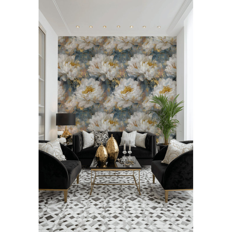 Papier peint floral pivoines blanches et dorées pelez et collez