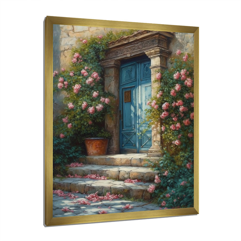 Porte de jardin bleue et rose Robertina III sur toile, H 32 po x l 24 po x P 1 po, Encadrement doré