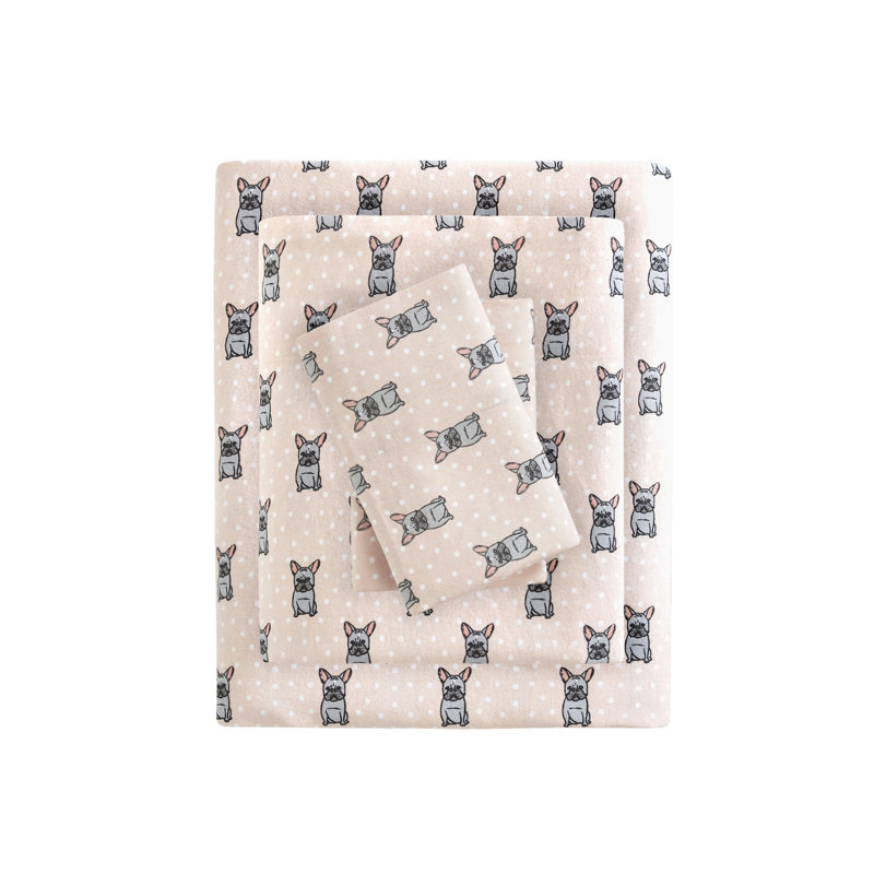 Cozy Flannel 100% Cotton Sheet Set, Twin Sheet Set with 1 Pillowcases, Pink French Bulldog