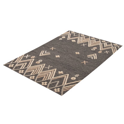Tapis gris foncé / crème en laine à motif de chevrons fait à la main 5 pi 5 po x 7 pi 8 po