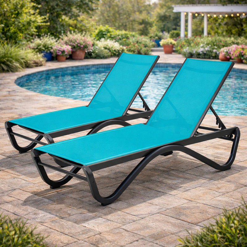 Méridienne d'extérieur Kozyard, structure entièrement en aluminium et tissu textilène, méridienne inclinable réglable entièrement plate pour la piscine, le bain de soleil et la cour, turquoise, 2 chaises