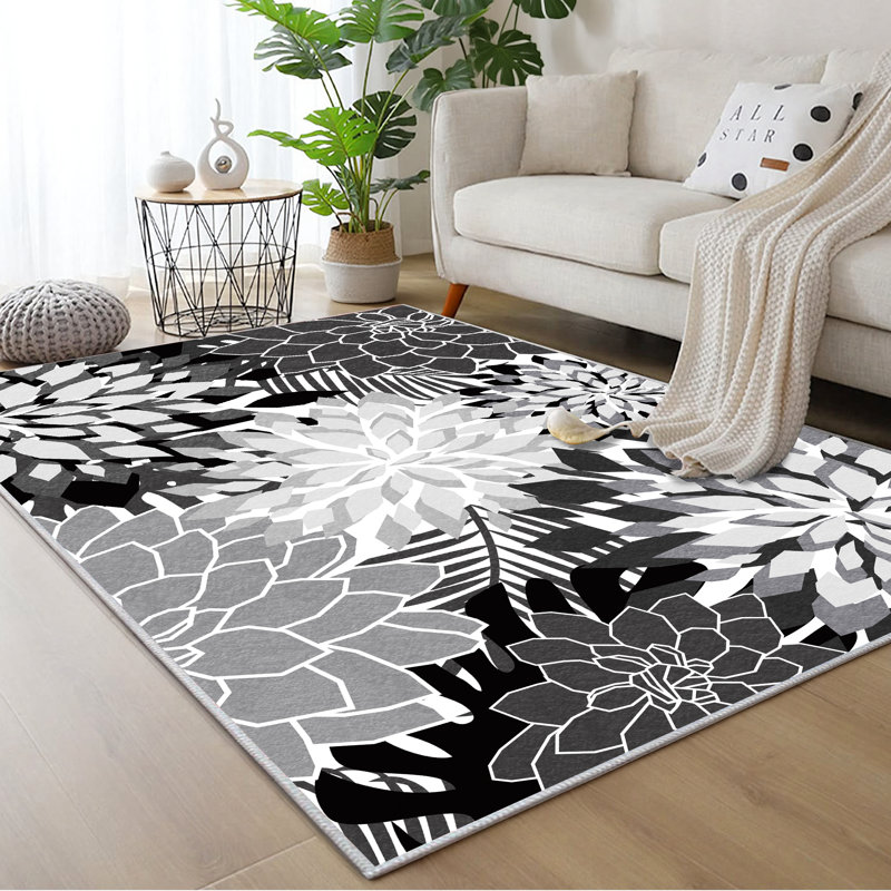 ZonLi Tropical Floral Indoor/Outdoor Rug, 6' x 9', Black/White, Waterproof, Washable, Non-Slip, 6x9FT, Black/White