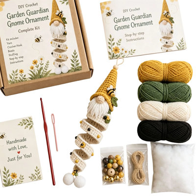 Wooden pendant Gnome Crochet Ornament Set