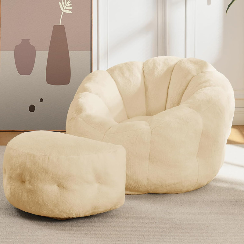 Wilder 46" Petal-Shaped Faux Rabbit Fur Bean Bag Chair with Ottoman - Luxury Floor Seating for Bedroom, Living Room & Study
