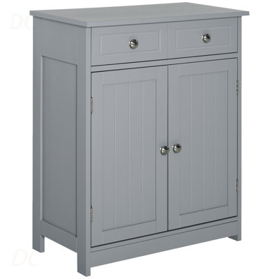 Armoire de salle de bain, armoire de salle de bain en bois avec 2 portes, 2 tiroirs et tablette réglable, armoire de rangement autoportante pour salle de bain, gris, buffet