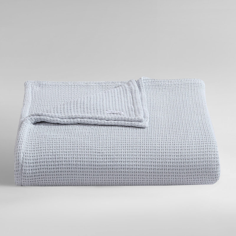 Calvin Klein Honeycomb Cotton Solid Reversible Blanket, King, Light Blue