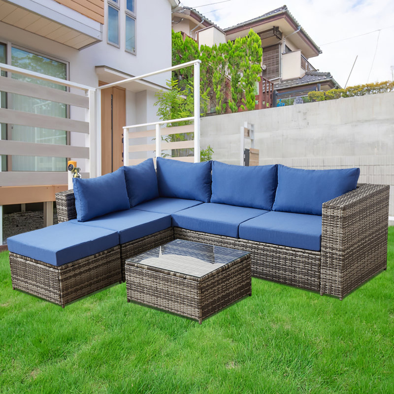 Ensemble de conversation en osier / rotin pour 5 personnes avec coussins, Gris, Bleu