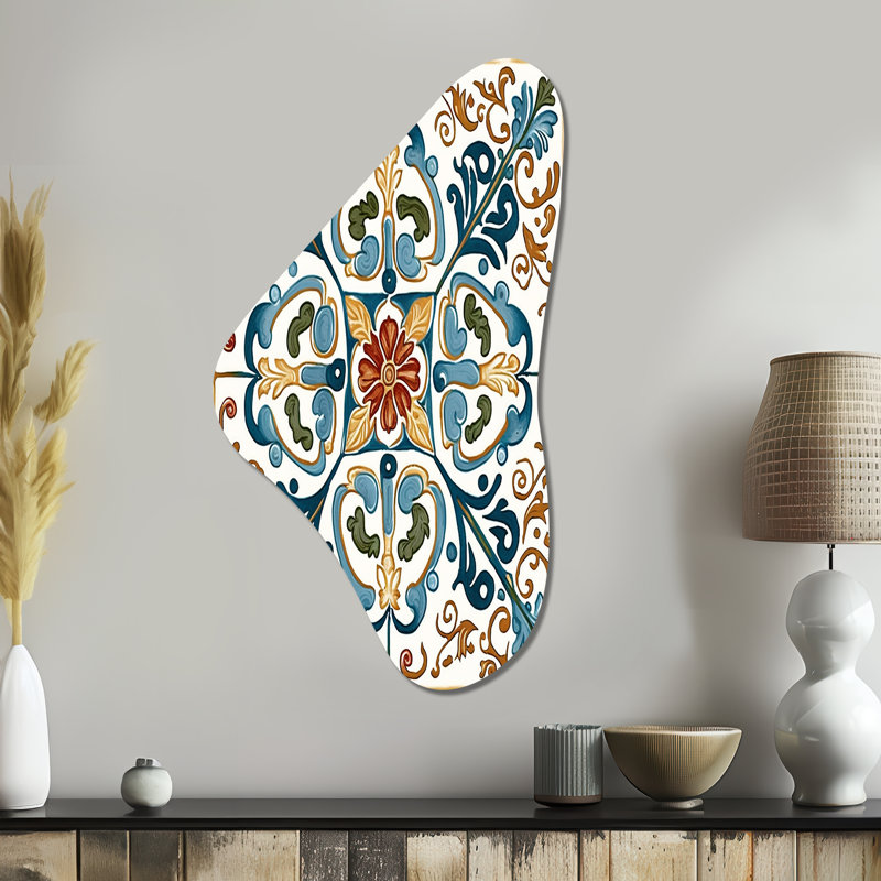 Carreaux de la Méditerranée en bleu rétro VI - art mural asymétrique en forme de Boomerang, H 39 po x l 21 po