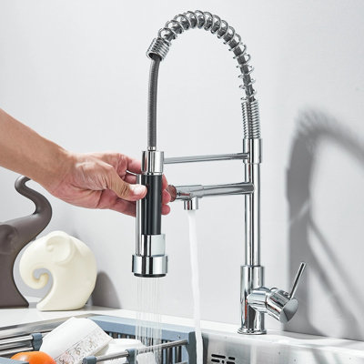 Chrome Kitchen Faucet with Pull Down Sprayer Double Spout Kitchen Sink FaucetSingle Handle Stainless Steel Spring Kitchen Faucets