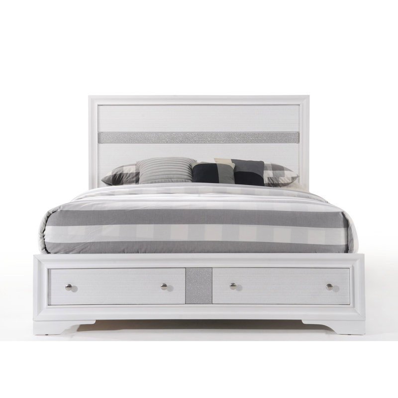 Lit de rangement blanc à profil bas - panneau de particules 8 à 10 po sans sommier tapissier avec 2 tiroirs avec structure en bois fini texturé et 5 pieds de support