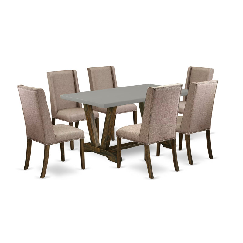 Ensemble de salle à manger 7 pièces comprenant une table rectangulaire à pieds en V et 6 chaises rembourrées en lin kaki foncé.