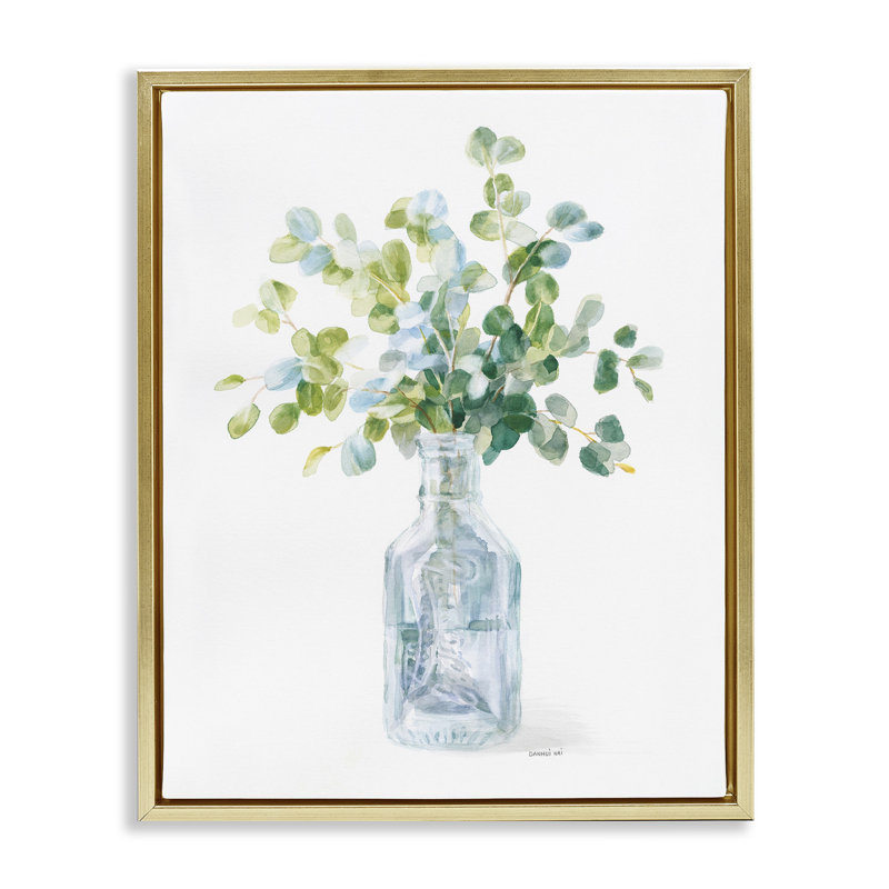 «Flower Jar Still Life Green Blue», peinture sur toile par Danhui Nai, H 31 po x l 25 po, Cadre flottant métallique doré