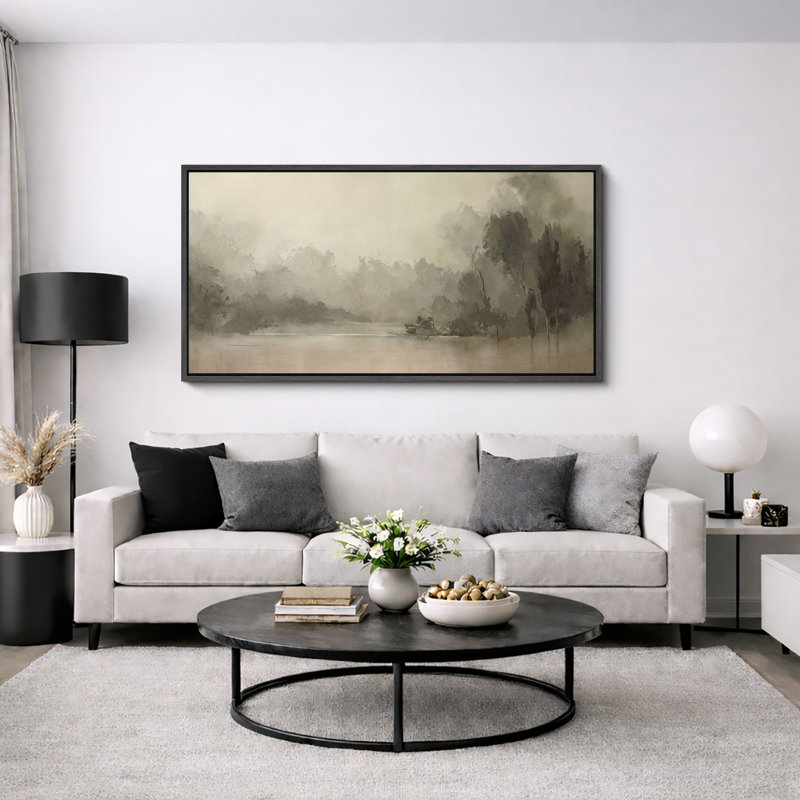 Misty Lake Forest, paysage monochrome, calme, nature, décoration murale pour le salon, chambre à coucher, bureau, très grandes photos, impression sur toile encadrée