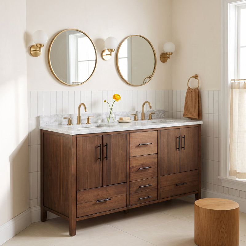 Kiara 60'' Double Bathroom Vanity with Top, Carrara Marble, Walnut