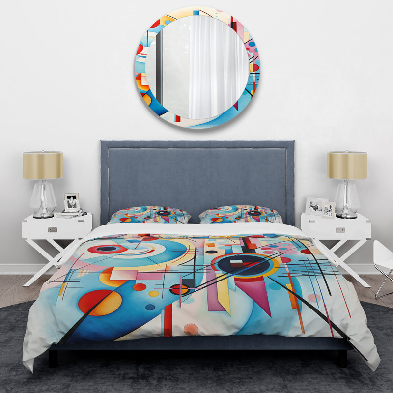 Ensemble de housse de couette à motif géométrique abstrait bleu et rose, Housse de couette pour grand lit et 2 taies décor