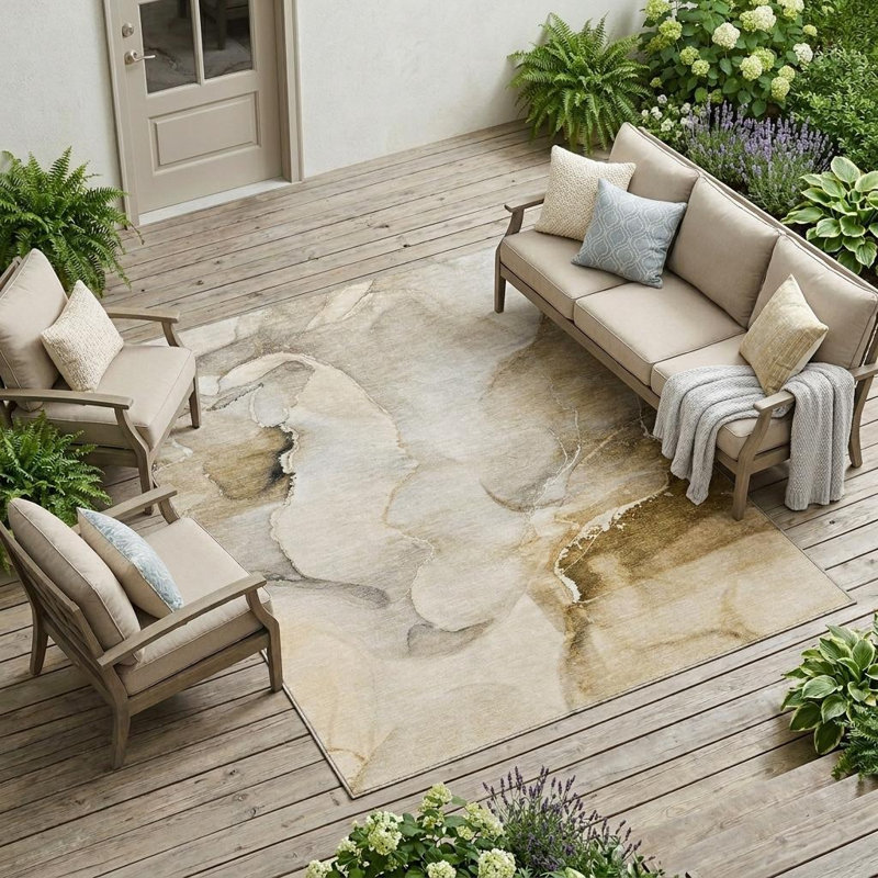 Tapis intérieur lavable abstrait beige et brun 9 pi x 12 pi