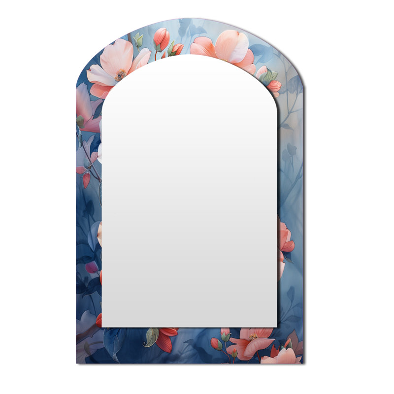 Pink Blue Garden Of Dreams Dogwood II - Dogwood Asymmetrical Decorative Wall Mirror, Traditional Arch Mirror, Printed Metal Art