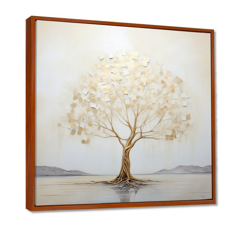 Arbre doré dans un lac au début du printemps II - arbre, art mural dans le salon, Cadre flottant brun, bois massif