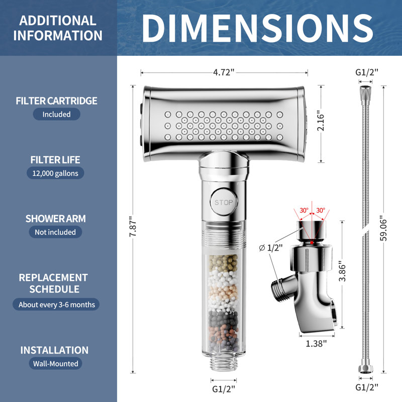 Chrome Hammer Style Filtered Handheld Shower Head With 4 Spray Modes