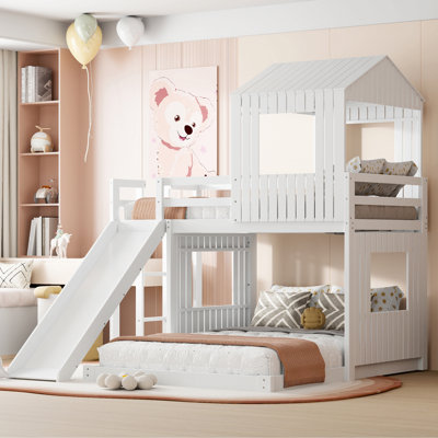 Wooden Twin Over Full Bunk Bed, Loft Bed With Playhouse, Farmhouse, Ladder, Slide And Guardrails
