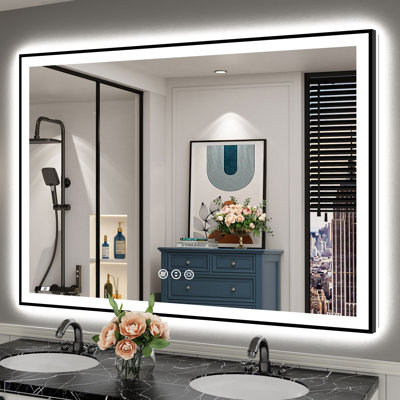 Matte Black Matel Framed Vanity Mirror with Lights, Front-lit and Back-lit, Memory Function, 3 Color Temperatures, Dimmable Light & Anti-fog Tempered Glass ETL Listed LED Mirror