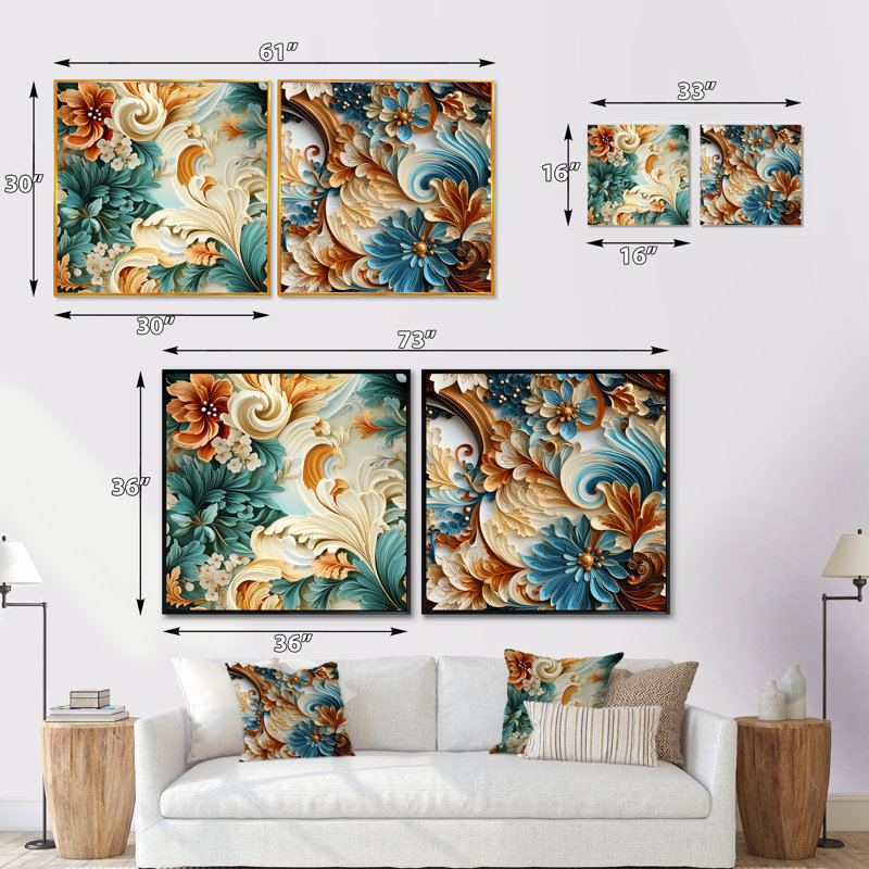 Scunthorpe - Ensemble de 2 collages carrés botaniques abstraits, Cadre flottant blanc, H 30 po x l 61 po