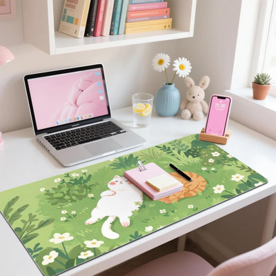 Cute Kawaii Cat Kitten Grassland Extended Gaming Keyboard Mouse Pad, Non-Slip Leather Home Office Desk Mat Protector, Large Laptop Desk Pad Writing Pad 27.5" x 12"