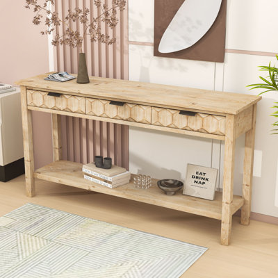 Vintage Honeycomb Wooden Console Table with Storage Drawers and Open Shelf for Entryway