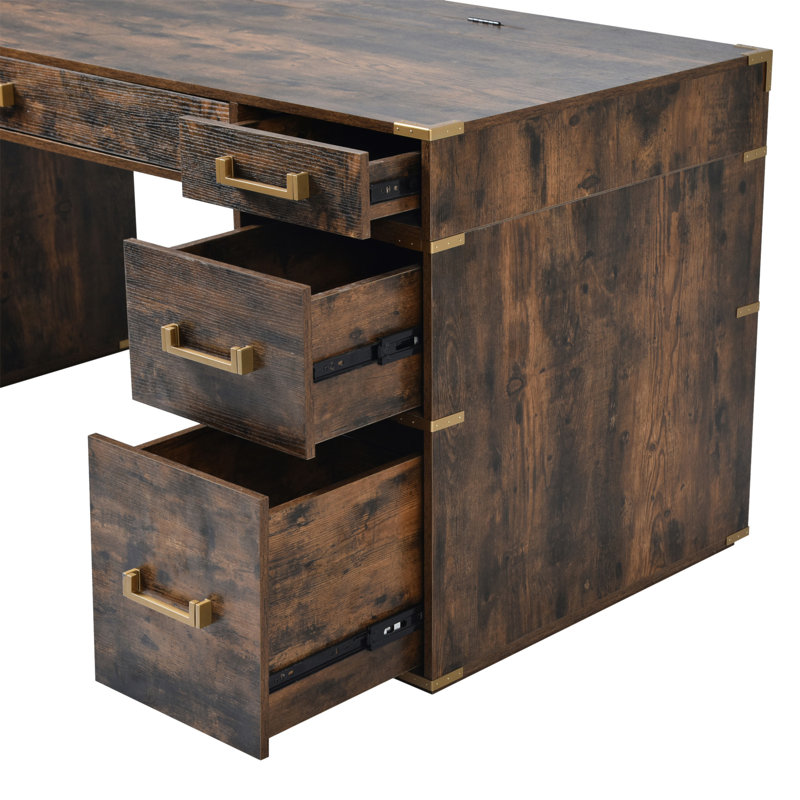 Bureau de direction Antonny 70 po avec 7 tiroirs et ports et prises USB intégrés, bureau à domicile, Brun / or