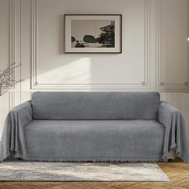 Chenille Box Cushion Sofa Slipcover, 180cm H x 300cm W, Grey