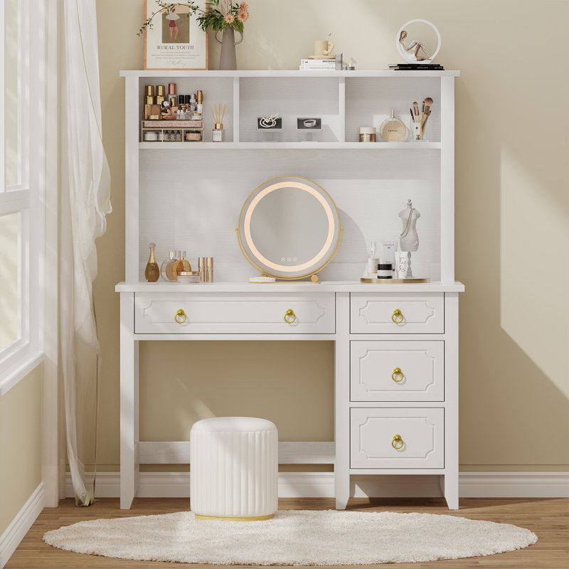 White Desk with Hutch, 47" Home Office Desk with Drawers, Executive Desk for Home Office, White and Gold Desk