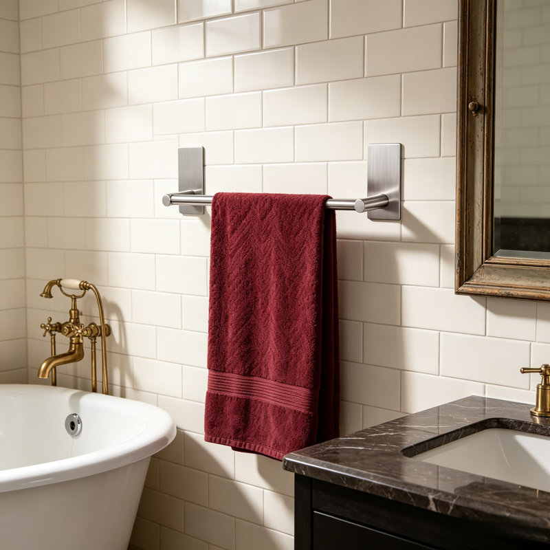 No Drill Adhesive Towel Bar - Strong Stick On Towel Rack for Bathroom, Kitchen, Living Room - Premium Brushed Stainless Steel - Easy Installation, No Tools Needed