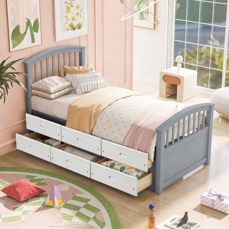 Lit plateforme simple avec 6 tiroirs, gris, blanc