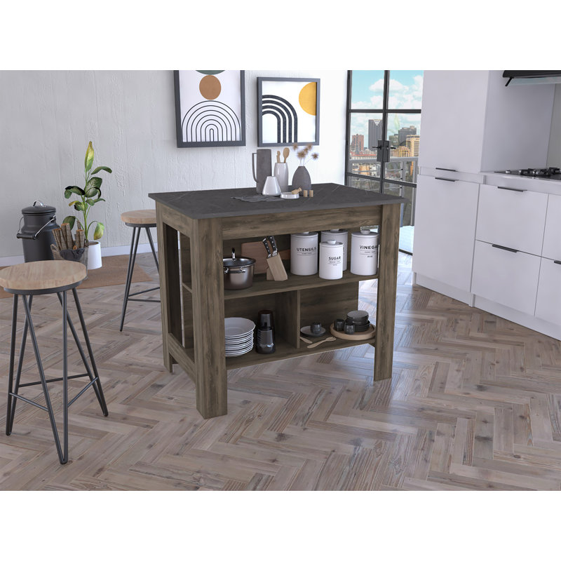 Îlot de cuisine, quatre pieds, trois tablettes, Gris foncé, Brun