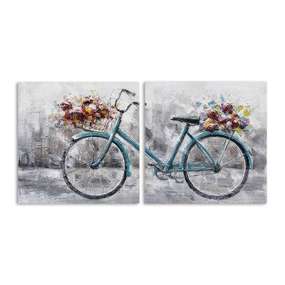 Vélo bleu avec fleurs - peinture sur toile tendue 2 pièces
