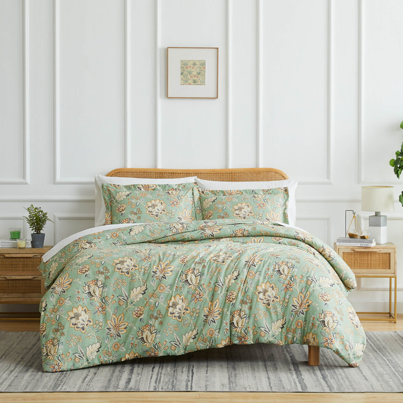 Ensemble de housse de couette Jacobean Willow, Housse de couette simple + 1 taie décorative stan, Vert