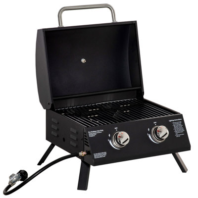 Outsunny 2 Burner Propane Gas Grill Outdoor Portable Tabletop BBQ With Foldable Legs, Lid, Thermometer For Camping, Picnic, Backyard, 