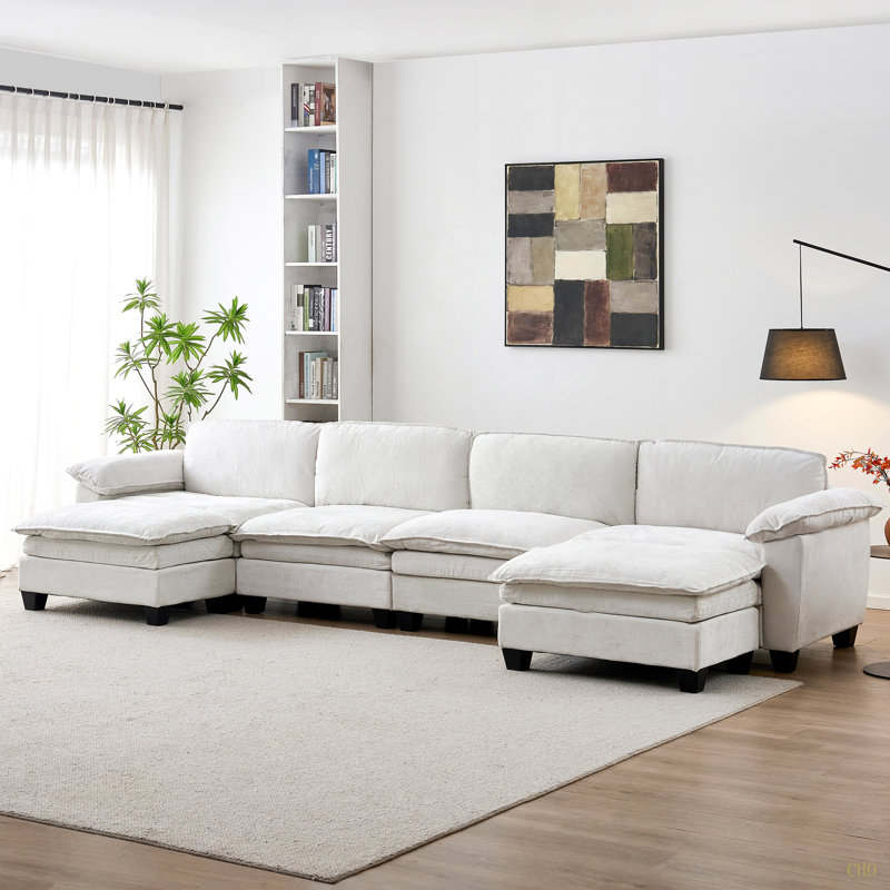 Canapé de luxe à quatre places avec deux repose-pieds, 34.2" H x 157.5" W x 57.1" D, Beige