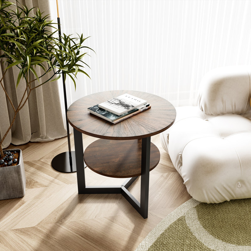 Wexford Collection Round Wood End Table with Storage Shelf, Modern Industrial Side Table with Metal Frame, Small Accent Table for Living Room, Bedroom and Small Spaces, Vintage Brown