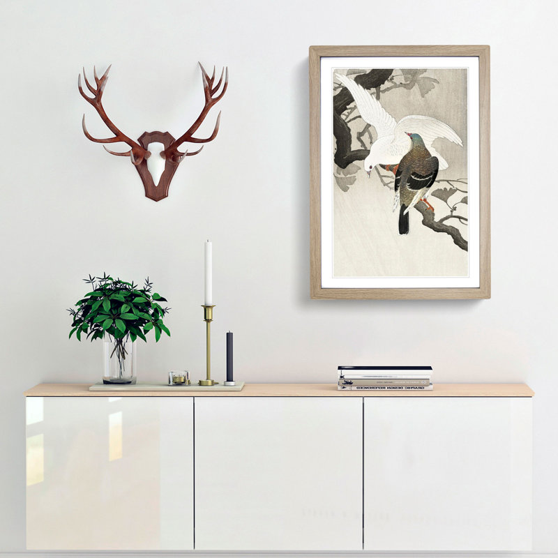 Two Pigeons on a Branch by Ohara Koson - Picture Frame Painting Print, Oak Framed, 48cm H x 36cm W x 2cm D
