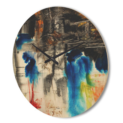 Horloge murale moderne en bois noir, bleu et jaune