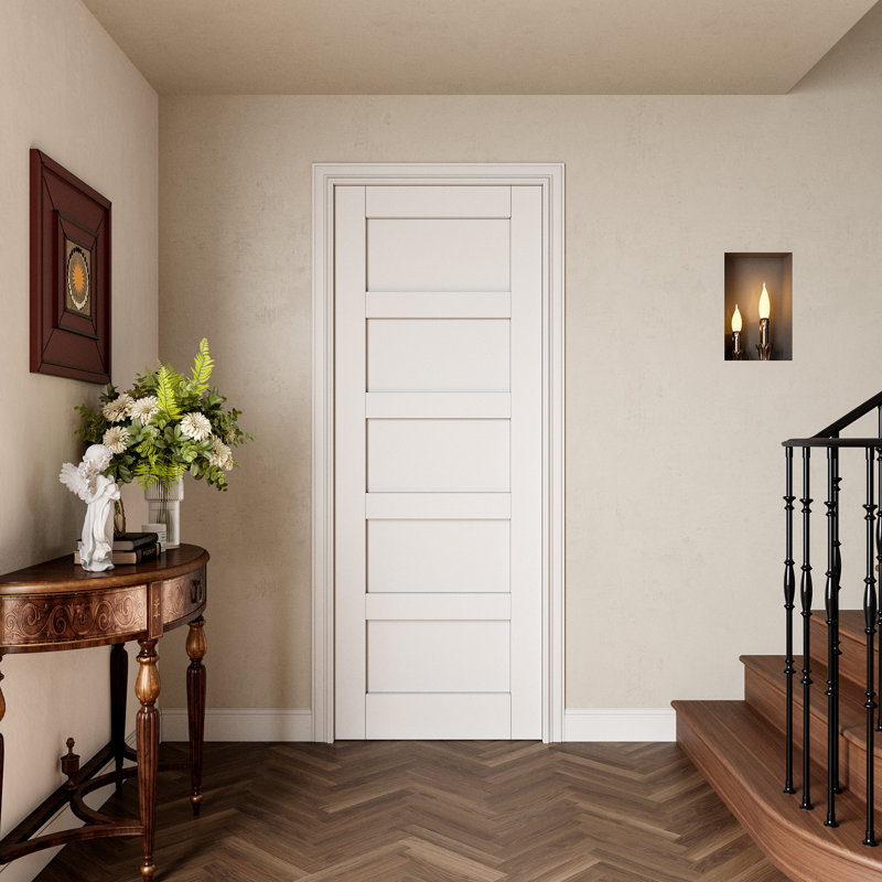 Primed Slab Door 5-Paneled Solid Core Wood Standard Door Without Hardware Kit, 24" x 80"