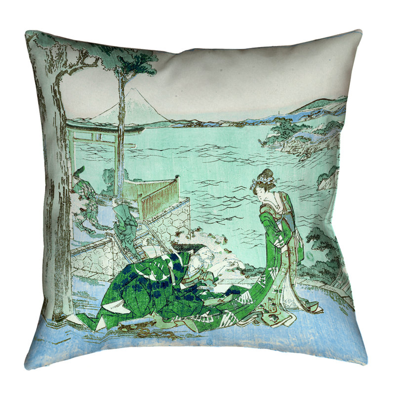 Coussin Katsushika Hokusai, 20 po x 20 po, Vert / bleu
