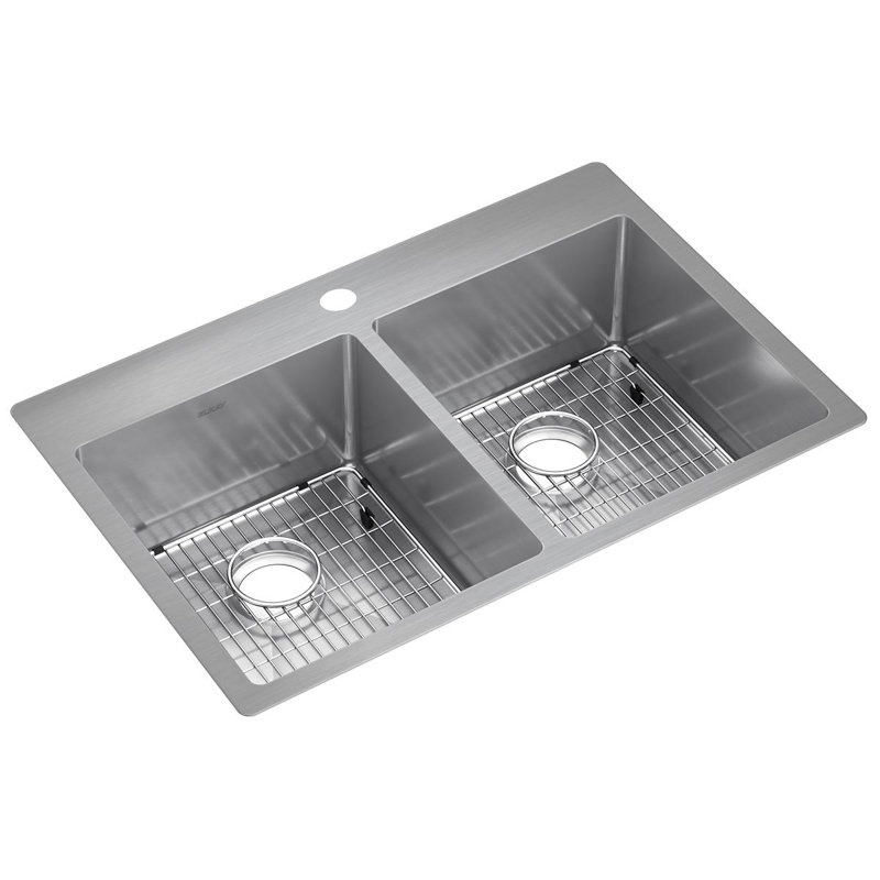 Crosstown Stainless Steel 33" L x 22" W Double Basin Dual Mount Kitchen Sink, 1 Hole, Design 1