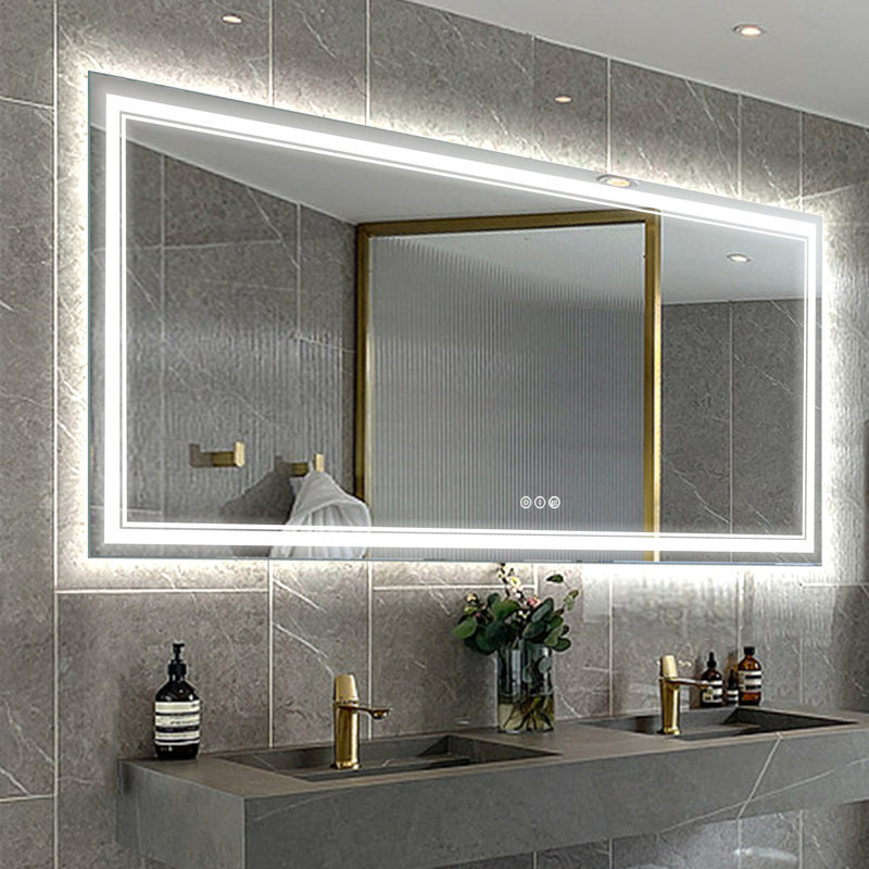  Miroir de salle de bain sans cadre à DEL avec éclairage avant et arrière, antibuée, gradation, Rectangulaire, 72 po x 36 po