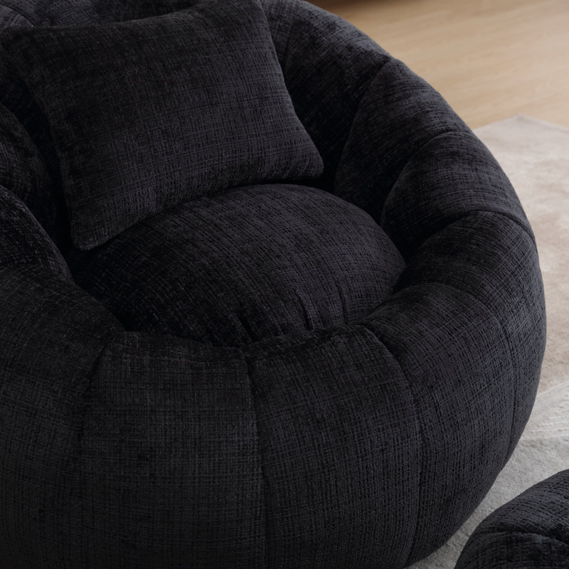 Watban 41.3'' Wide Tufted Chenille Compression Barrel Accent Chair and Ottoman, Black Chenille