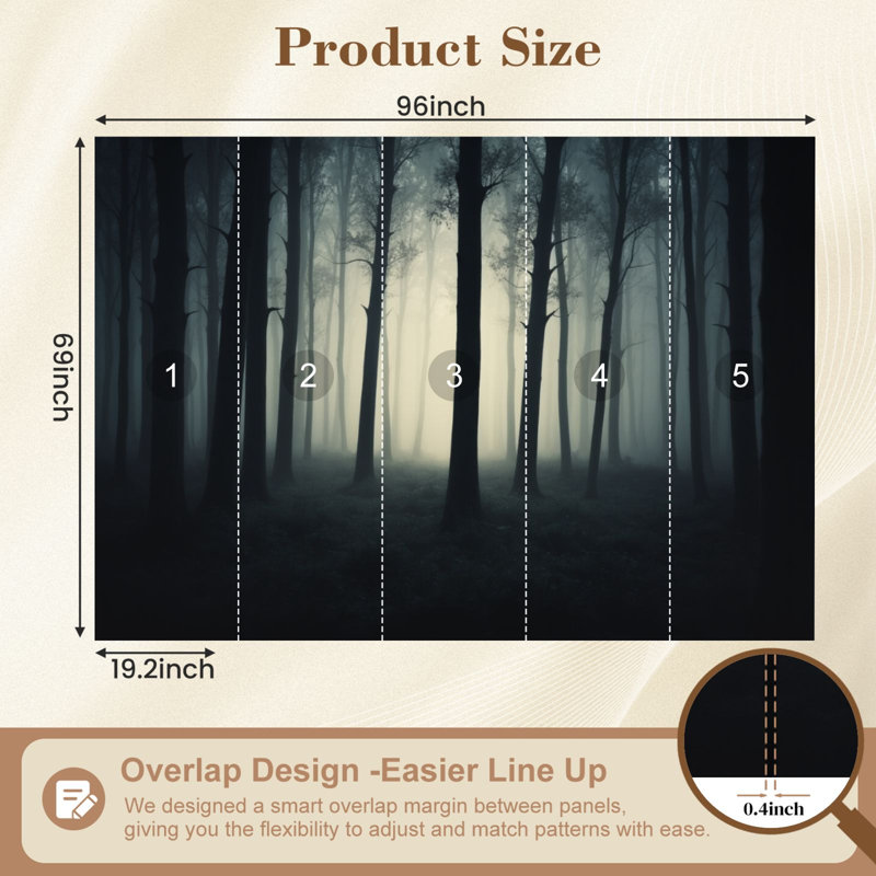 Papier peint auto-adhésif Misty Dark Forest Tall Trees Foggy Atmosphere, L 96 po x l 69 po