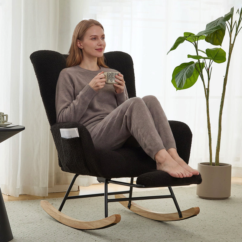 Ensemble fauteuil berçant à oreilles en tissu Teddy et repose-pieds, fauteuil à bascule d'allaitement avec poche de rangement latérale, mouvement de glissement fluide, base en bois massif sécurisée, fauteuil d'appoint confortable pour le salon