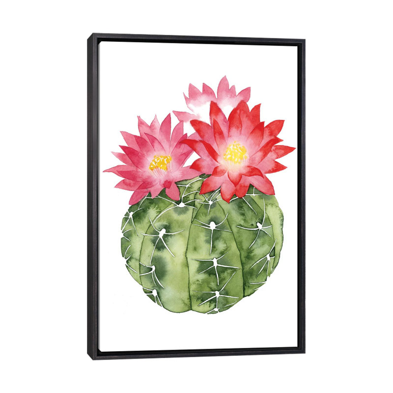 « cactus fleuri iii » par grace-pop, reproduction d’art, Toile avec cadre noir patiné, H 40 po x l 26 po x P 1,5 po