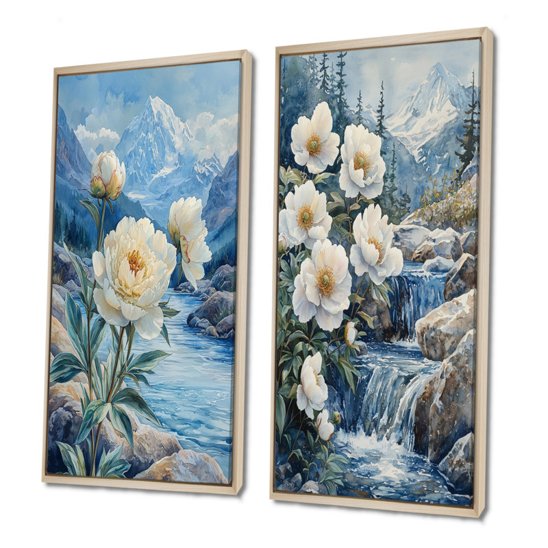 Pivoines blanches et les eaux glaciaires I - Collection d'art mural floral 2 panneaux, H 40 po x l 41 po, Cadre crème crème